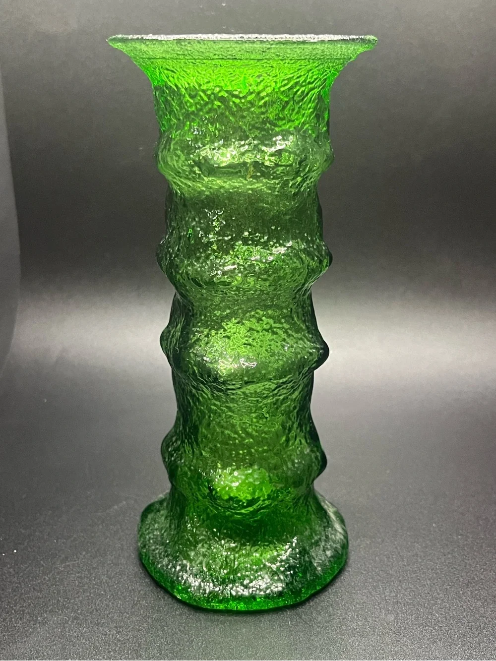 Vintage green textured glass bamboo vase 7 inch